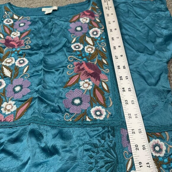 Sundance Boho Blue Teal Floral Embroidered Silky Short Cupro Dress Petite Small - Picture 6 of 7